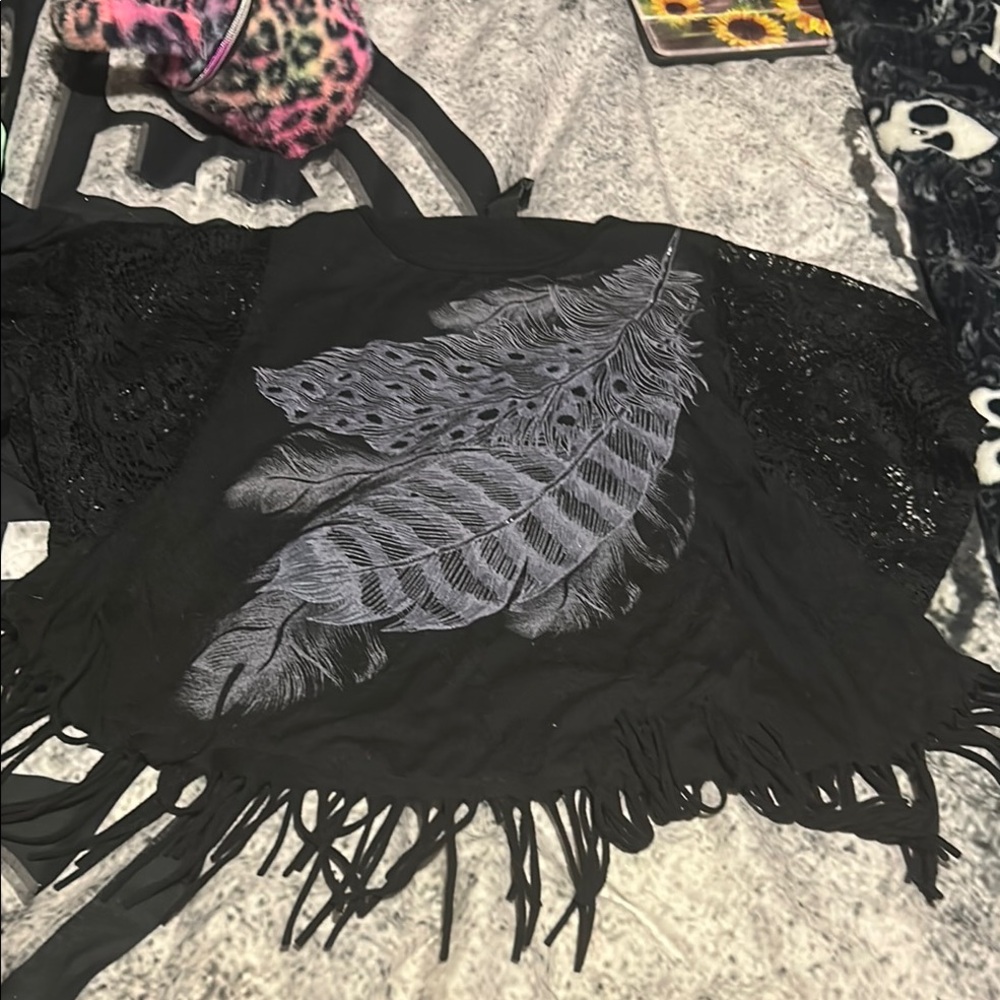 Black Fringe Top with Feather Design